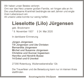Traueranzeige von Lieselotte Jürgensen von SYK