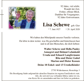Traueranzeige von Lisa Schewe von SYK
