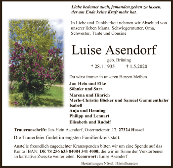 Traueranzeige von Luise Asendorf von SYK