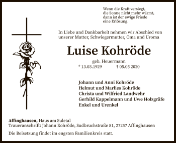 Traueranzeige von Luise Kohröde von SYK