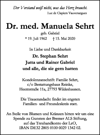 Traueranzeige von Manuela Sehrt von SYK