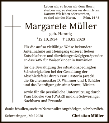 Traueranzeige von Margarete Müller von SYK