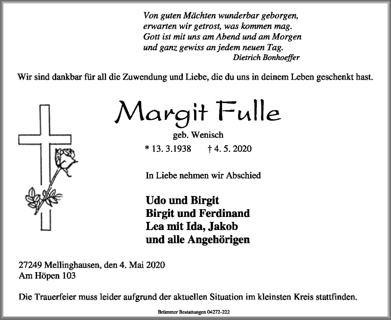  Traueranzeige für Margit Fulle vom 07.05.2020 aus SYK