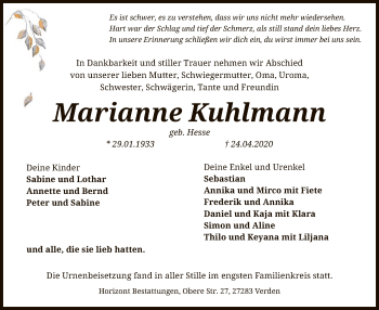 Traueranzeige von Marianne Kuhlmann von SYK