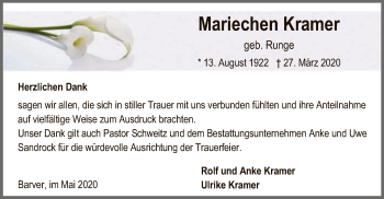 Traueranzeige von Mariechen Kramer von SYK