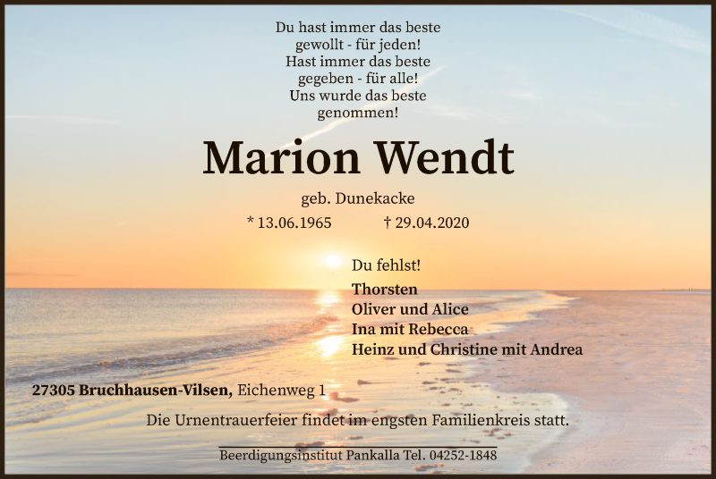  Traueranzeige für Marion Wendt vom 05.05.2020 aus SYK