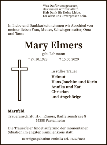 Traueranzeige von Mary Elmers von SYK