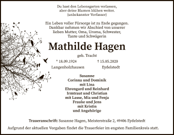 Traueranzeige von Mathilde Hagen von SYK