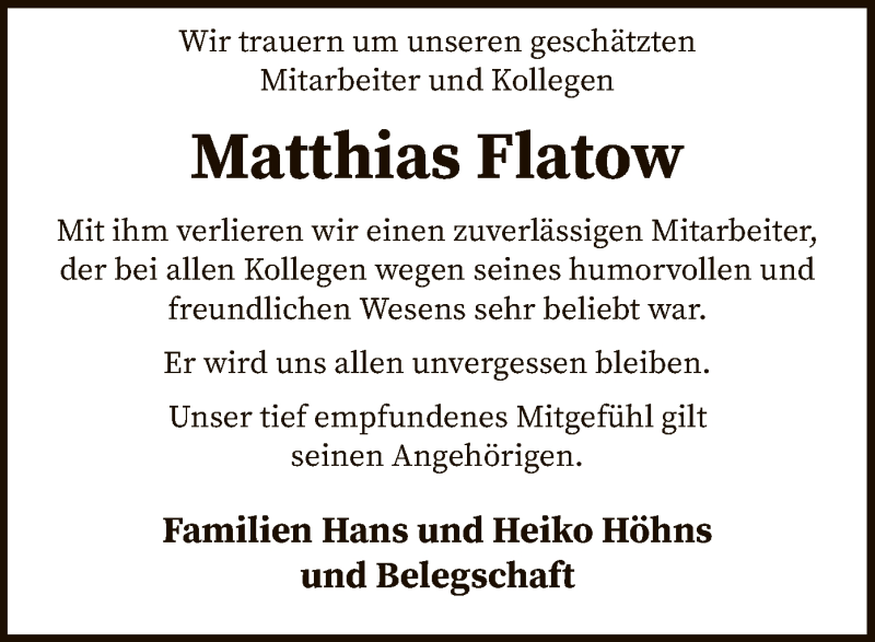  Traueranzeige für Matthias  Flatow vom 30.05.2020 aus SYK