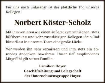 Traueranzeige von Norbert Köster-Scholz von SYK