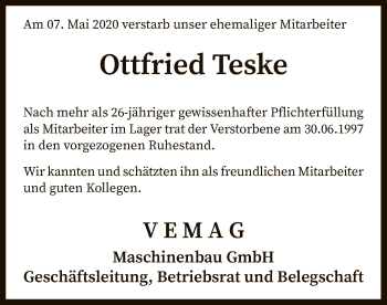 Traueranzeige von Ottfried Teske von SYK