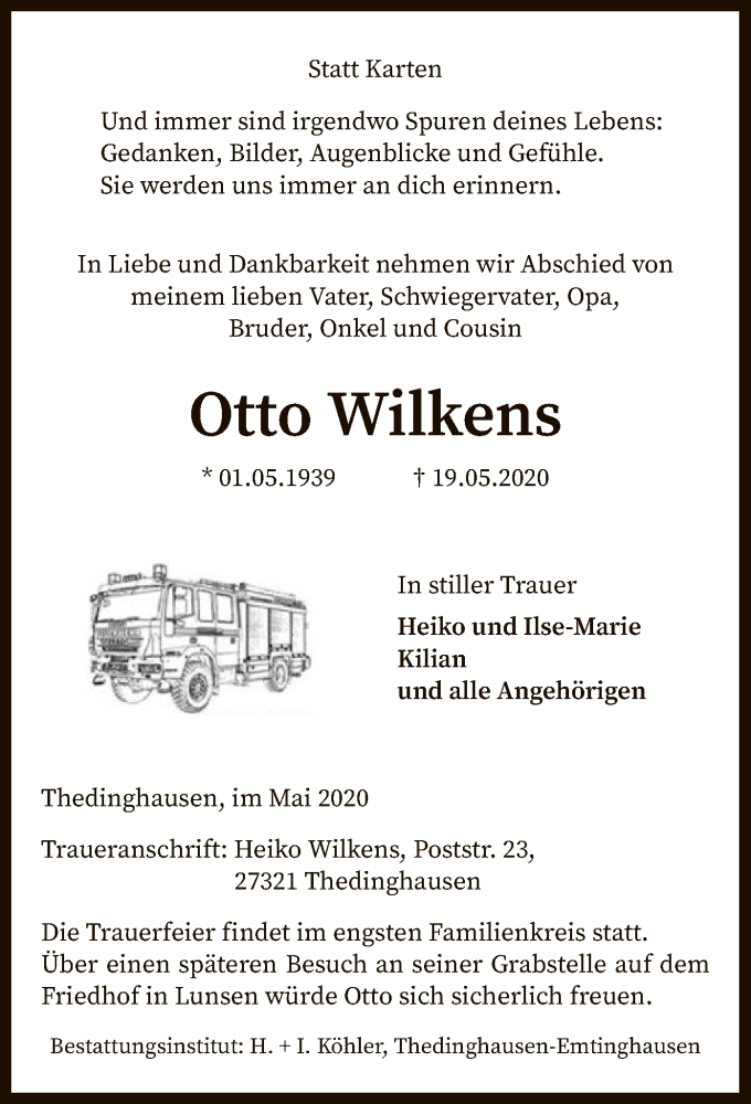  Traueranzeige für Otto Wilkens vom 22.05.2020 aus SYK