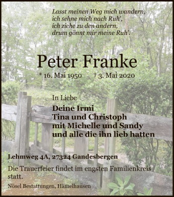 Traueranzeige von Peter Franke von SYK