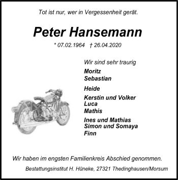 Traueranzeige von Peter Hansemann von SYK