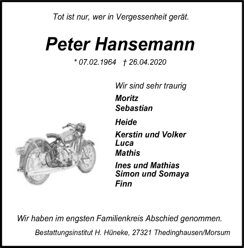  Traueranzeige für Peter Hansemann vom 22.05.2020 aus SYK