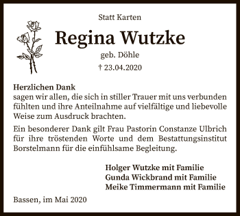 Traueranzeige von Regina Wutzke von SYK