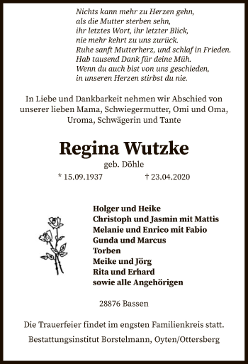 Traueranzeige von Regina Wutzke von SYK