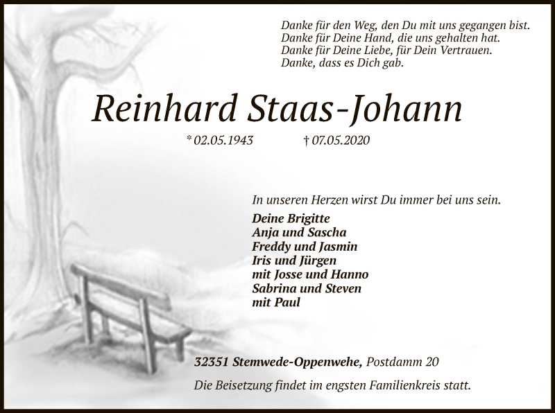  Traueranzeige für Reinhard Staas-Johann vom 12.05.2020 aus SYK