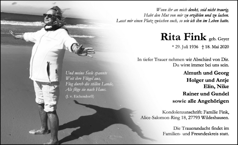  Traueranzeige für Rita Fink vom 22.05.2020 aus SYK