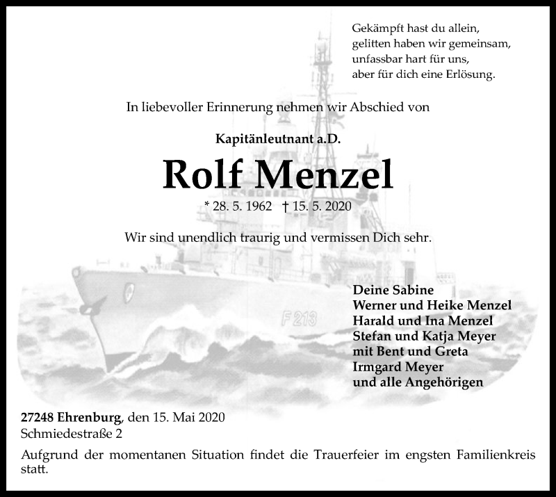  Traueranzeige für Rolf Menzel vom 19.05.2020 aus SYK