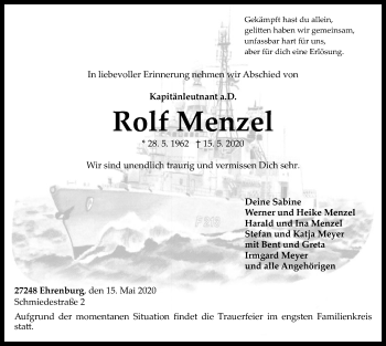 Traueranzeige von Rolf Menzel von SYK