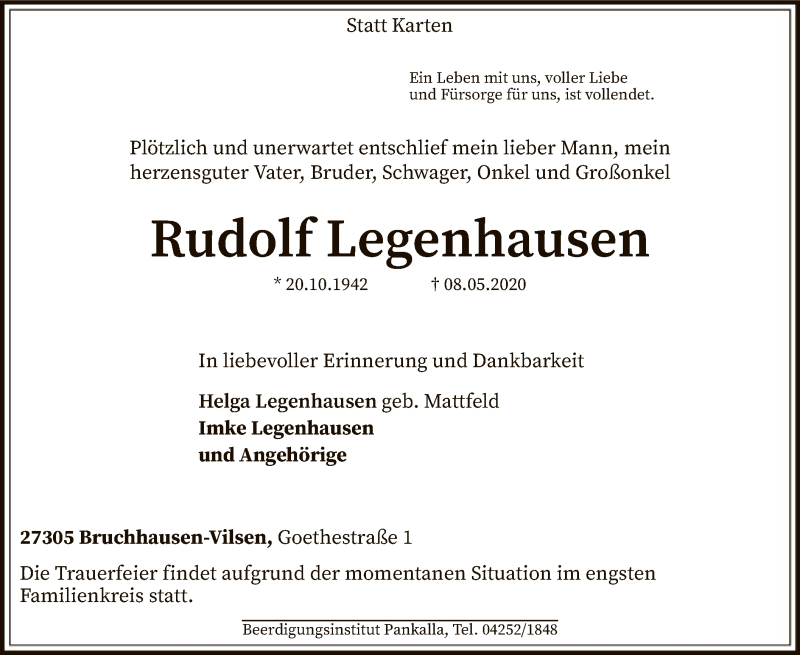  Traueranzeige für Rudolf Legenhausen vom 16.05.2020 aus SYK