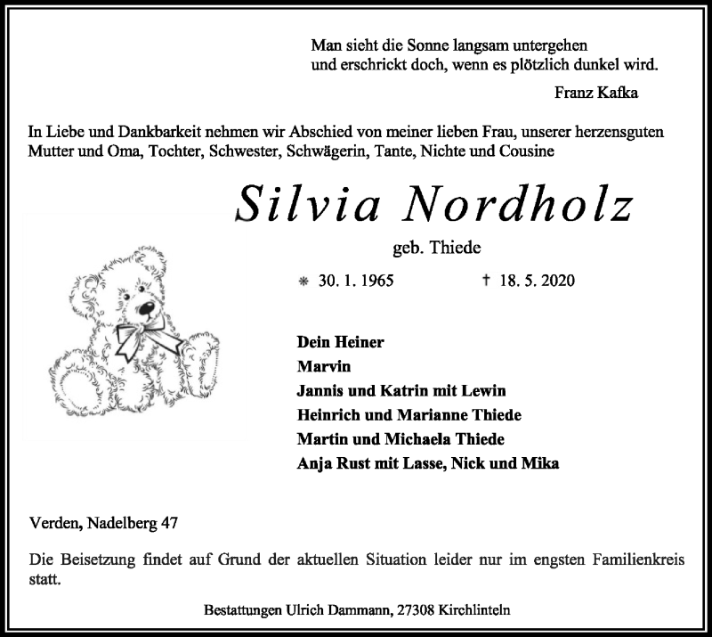  Traueranzeige für Silvia Nordholz vom 23.05.2020 aus SYK