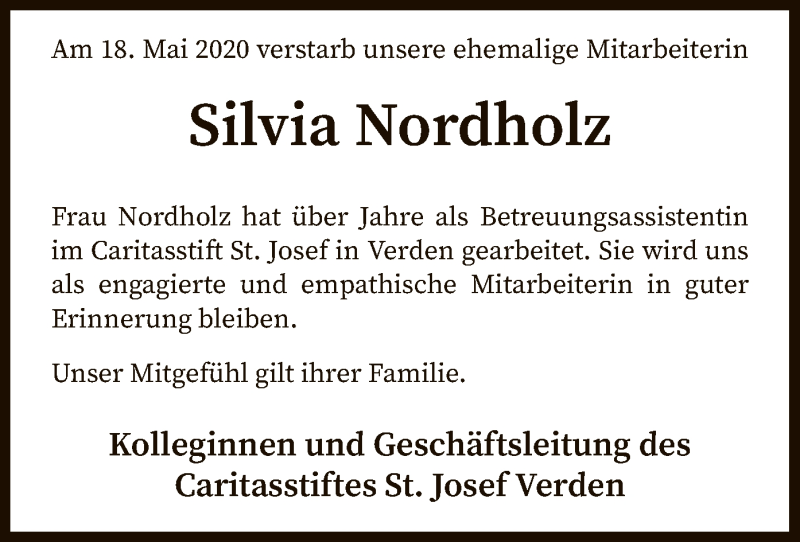  Traueranzeige für Silvia Nordholz vom 23.05.2020 aus SYK