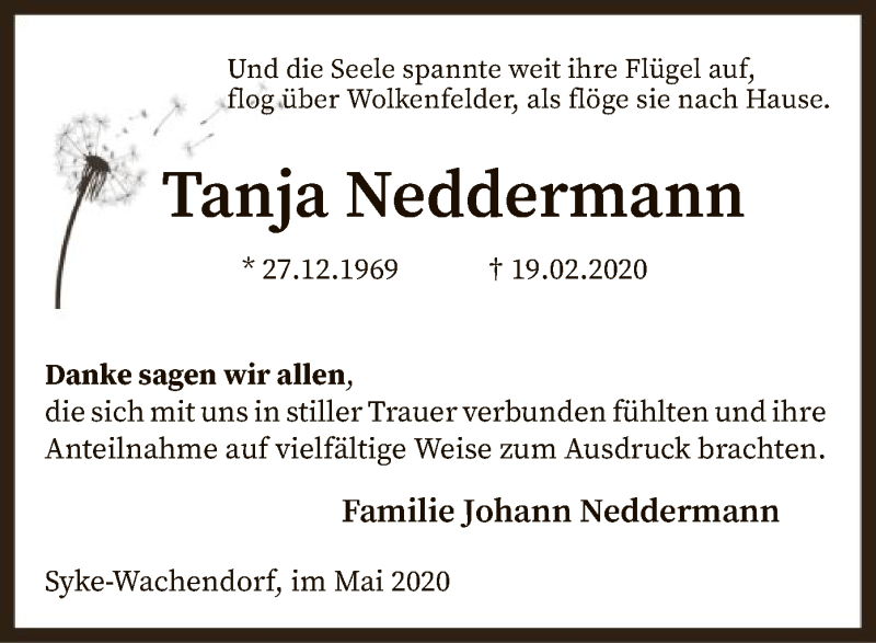  Traueranzeige für Tanja Neddermann vom 16.05.2020 aus SYK