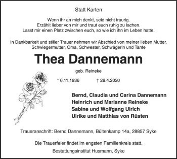 Traueranzeige von Thea Dannemann von SYK