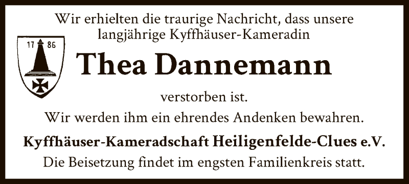  Traueranzeige für Thea Dannemann vom 05.05.2020 aus SYK