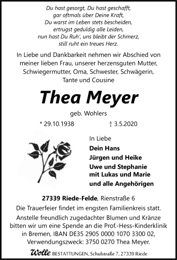 Traueranzeige von Thea Meyer von SYK