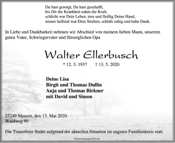 Traueranzeige von Walter Ellerbusch von SYK