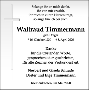 Traueranzeige von Waltraud Timmermann von SYK