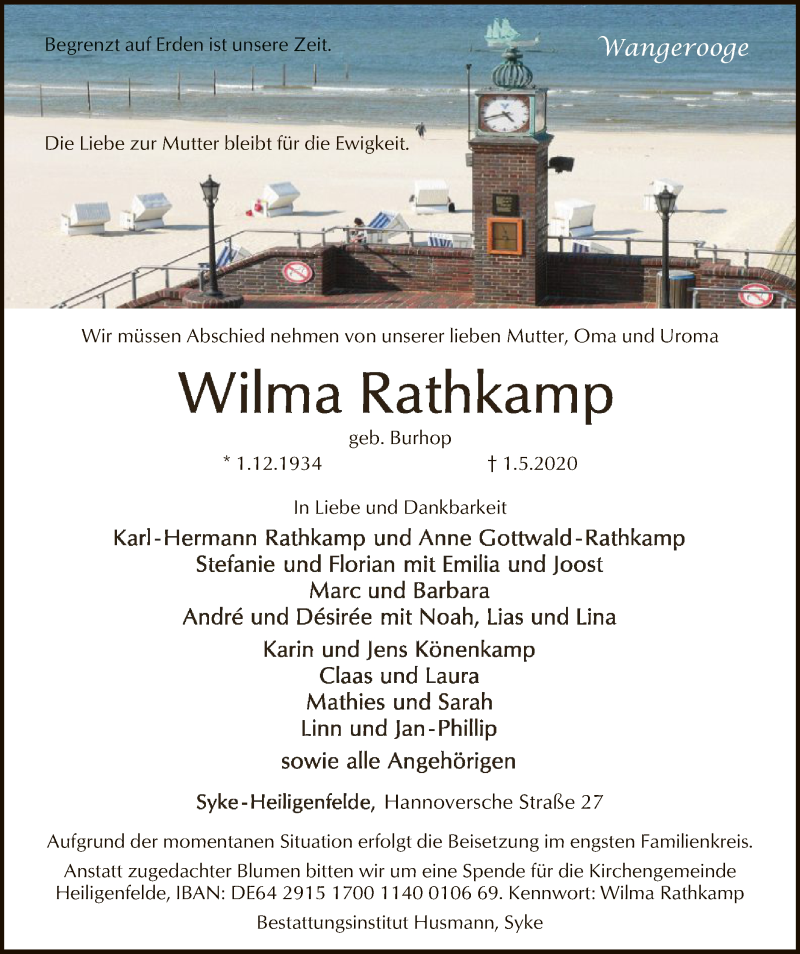  Traueranzeige für Wilma Rathkamp vom 07.05.2020 aus SYK