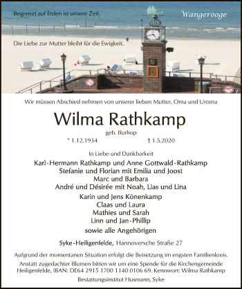 Traueranzeige von Wilma Rathkamp von SYK