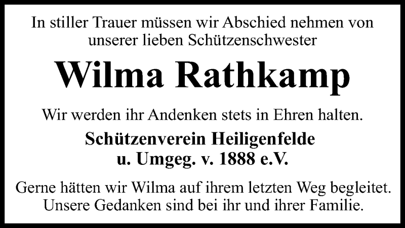  Traueranzeige für Wilma Rathkamp vom 07.05.2020 aus SYK