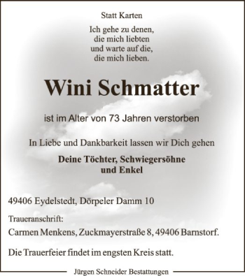 Traueranzeige von Wini Schmatter von SYK