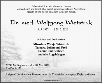 Traueranzeige von Wolfgang Wietstruk von SYK