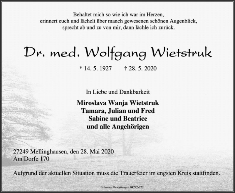  Traueranzeige für Wolfgang Wietstruk vom 30.05.2020 aus SYK
