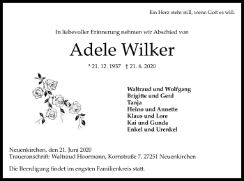 Traueranzeige von Adele Wilker von SYK