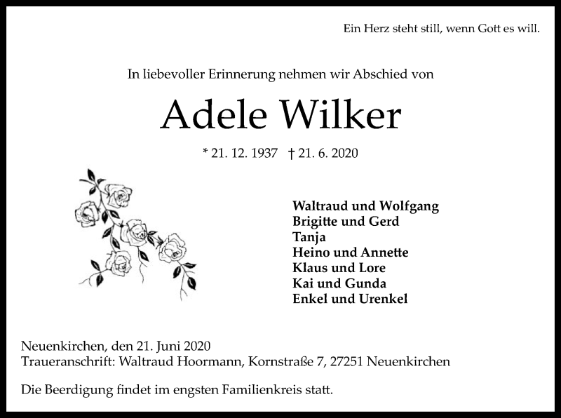  Traueranzeige für Adele Wilker vom 25.06.2020 aus SYK