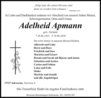 Traueranzeige von Adelheid Apmann von SYK