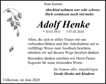 Traueranzeige von Adolf Henke von SYK