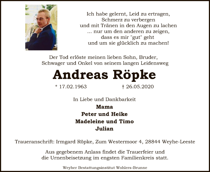  Traueranzeige für Andreas Röpke vom 03.06.2020 aus SYK