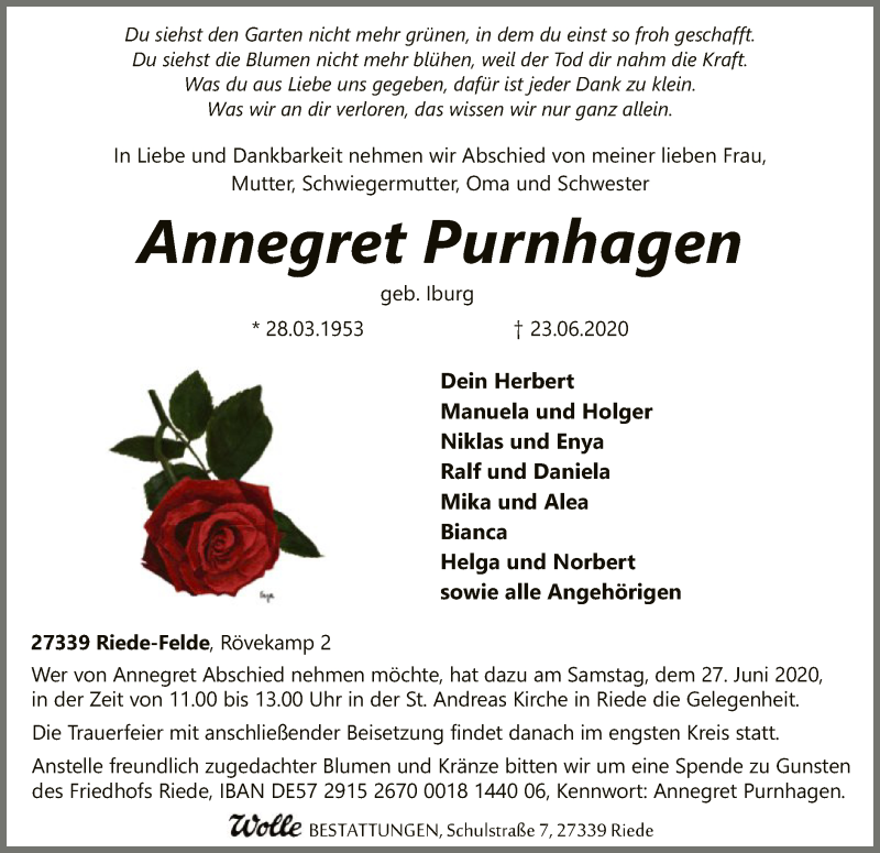  Traueranzeige für Annegret Purnhagen vom 25.06.2020 aus SYK