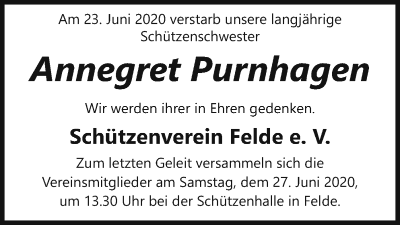  Traueranzeige für Annegret Purnhagen vom 25.06.2020 aus SYK