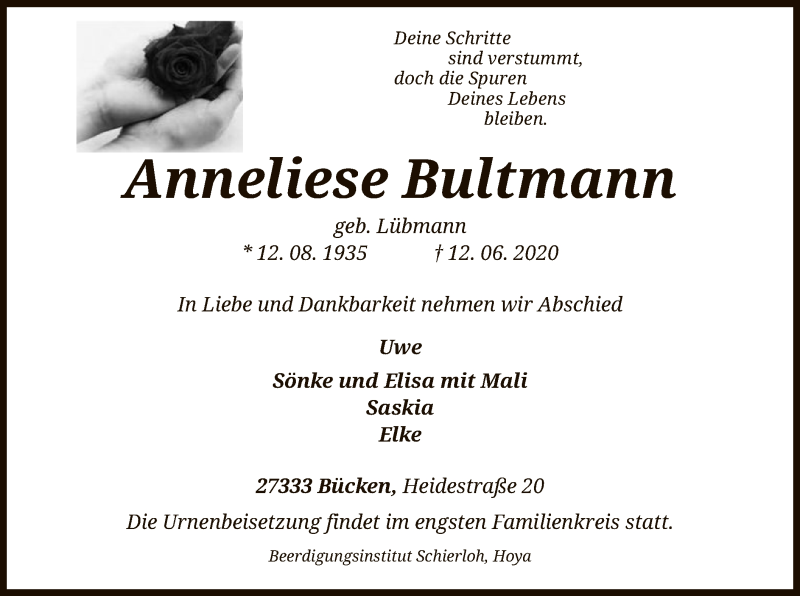  Traueranzeige für Anneliese Bultmann vom 17.06.2020 aus SYK