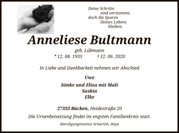 Traueranzeige von Anneliese Bultmann von SYK