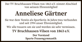 Traueranzeige von Anneliese Gärtner von SYK